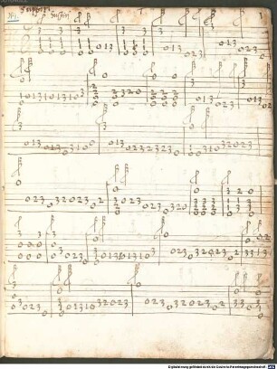 57 Lute pieces, lute - BSB Mus.ms. 1511 b : [cover title, by later hand:] Tabulatur [inside cover, by other hand (19.sc) :] Lauten= // Tabulatur, // 57. italienische Taenze [und] Tanzlieder.