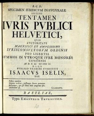 Specimen Iuridicum Inaugurale Sistens Tentamen Iuris Publici Helvetici
