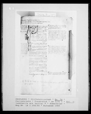 Paulusbriefe, fol.1: Textseite mit Initiale P, Römerbrief
