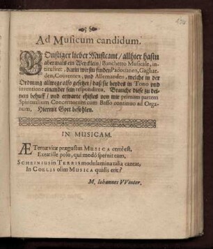 Ad Musicum candidum / Widmungsgedicht von Johann Winter