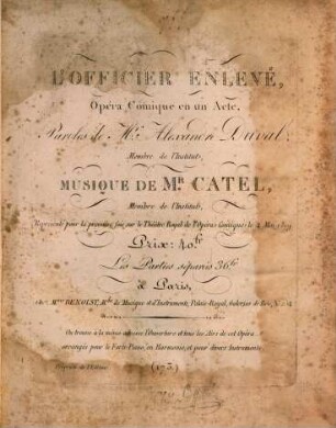 L' officier enlevé : opéra comique en un acte ; représenté pour la première fois sur le Théâtre Royal de l'Opéra Comique le 4 mai 1819