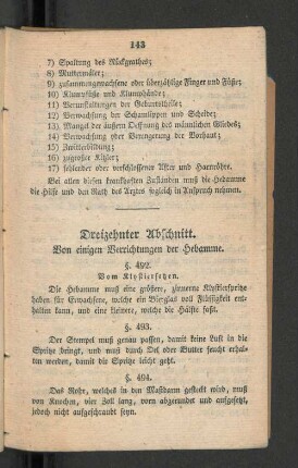 Dreizehnter Abschnitt. Von einigen Verrichtungen der Hebamme.