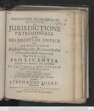 Positiones Inaugurales Juridicæ, De Jurisdictione Patrimoniali, Gallis Des Droits De Justice