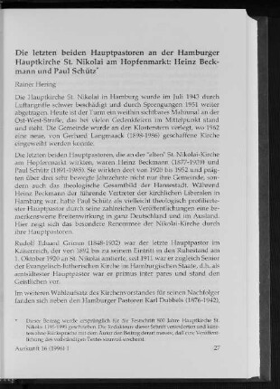 Die letzten beiden Hauptpastoren an der Hamburger Hauptkirche St. Nikolai am Hopfenmark: Heinz Beckmann und Paul Schütz