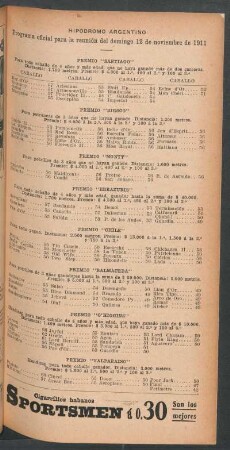 Hipódromo Argentino - Programa oficial para la reunión del domingo 12 de noviembre de 1911