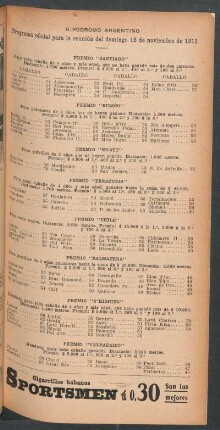 Hipódromo Argentino - Programa oficial para la reunión del domingo 12 de noviembre de 1911