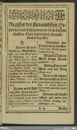 Register der fürnembsten Historien und Lehrpuncten so in diesem fünnften Theil Histroischer Erquickstunden begriffen