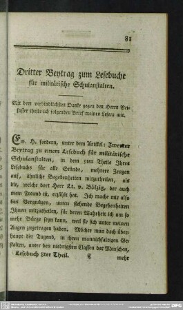 Dritter Beytrag zum Lesebuche für militärische Schulanstalten