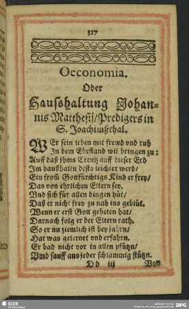 Oeconomia. Oder Haushaltung Johannis Matthesij, Predigers in S. Joachimßthal