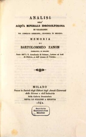 Analisi dell'acqua minerale idrosolforosa di Valgrande ... memoria