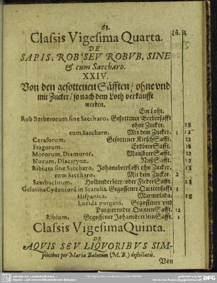 Classis Vigesima Quinta. Aquis Seu Liquoribus Simplicibus Mariae Balneum (M. B.) destillatis