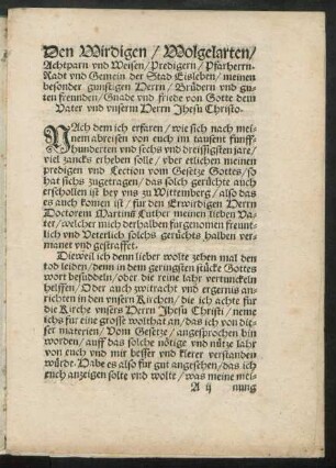 Den Wirdigen / Wolgelarten / Achtparn und Weißen / Predigern / Pfarherrn. ...