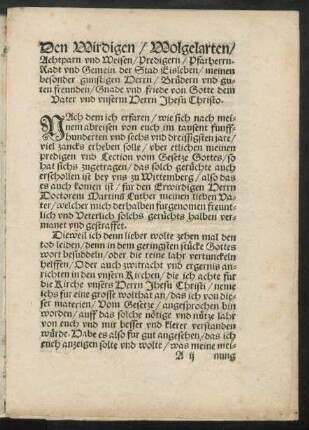 Den Wirdigen / Wolgelarten / Achtparn und Weißen / Predigern / Pfarherrn. ...