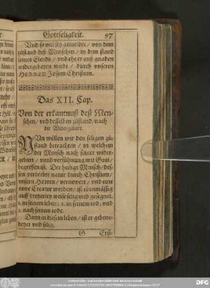 Das XII. Cap. Von der erkanntnuß deß Menschen/ und desselben zustand/ nach der Widergeburt.
