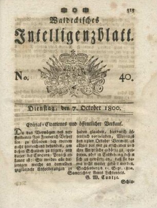 No. 40, Dienstag, den 7. October 1800
