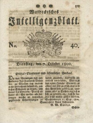 No. 40, Dienstag, den 7. October 1800
