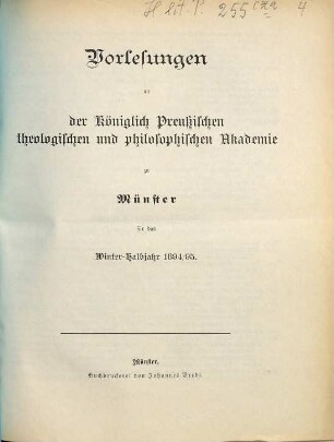 Vorlesungen an der Königlich-Preußischen Theologischen und Philosophischen Akademie zu Münster. 1894/95. WH.