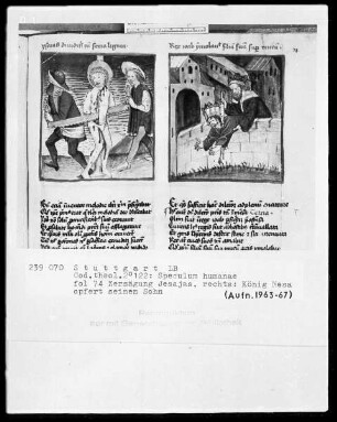 Zwei Schriften — Speculum humanae salvationis — Textseite mit zwei Miniaturen, Folio 74recto