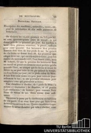 Deuxième Section. Description des machines, ustensiles, vases, etc. pour la fabrication de dix mille quintaux de betteraves