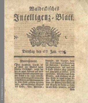 No. 1. Dienstag den 6ten Jan. 1778