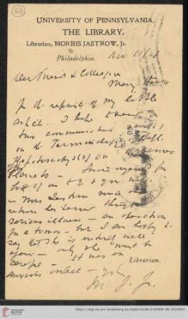 Briefe von Morris Jastrow an Carl Bezold: Karte von Morris Jastrow an Carl Bezold