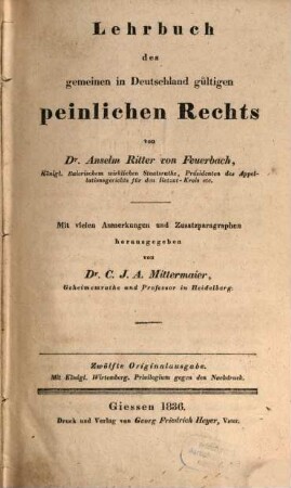 Lehrbuch des gemeinen in Deutschland gültigen peinlichen Rechts : Mit vielen Anmerkungen u. Zusatzparagraphen