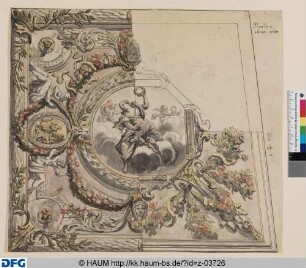 Zwei Entwurfsvarianten zu einem viereckigen Deckengemälde mit einer schräglaufenden Seite für das kurfürstliche Schloss zu Dresden: Von Putten umgebene Victoria auf Wolken einen Kranz haltend, umgeben von zwei Varianten ornamentaler Fassung mit Girlanden, Medaillons und Rosetten