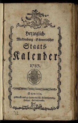 1787: Herzoglich-Mecklenburg-Schwerinscher Staats-Kalender 1787.