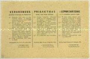 Bekanntmachung zur Festlegung des Umtauschkurses für Rubel in den besetzten Gebieten Polens (dreisprachig)
