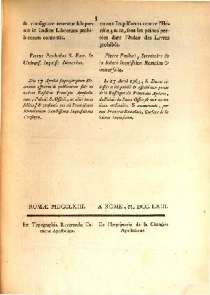 Decretum Sancti Officii : feria IV. die 13 Aprilis 1763 = Decret du saint office du Mercredi 13 Avril 1763
