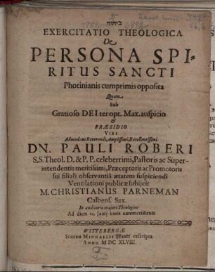Exercitatio Theologica De Persona Spiritus Sancti Photinianis cumprimis opposita