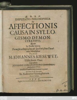 Disputatio Philosophica De Affectionis Causa In Syllogismo Demonstrativo