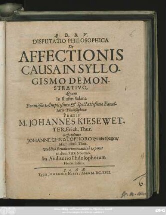 Disputatio Philosophica De Affectionis Causa In Syllogismo Demonstrativo