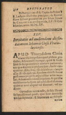 XXV. Invitatio ad audiendam dissertationem Iohannis Closii Vratislaviensis.