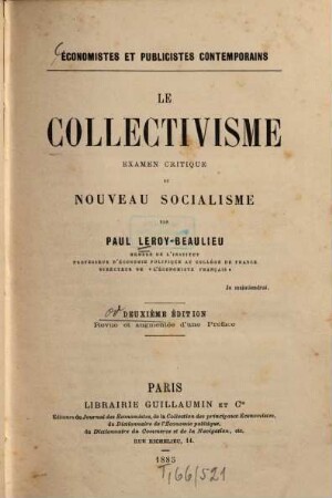 Le collectivisme : Économistes et publicistes contemporains. Examen critique de nouveau socialisme