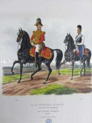 Uniformdarstellung, Gardist der K.K. Ersten Arcièren-Leibgarde und Kürassier des Garde-Regiments zu Pferd, Österreich, 1840. Tafel aus: Trentsensky: K.K. Oesterreichische Armée nach der neuen Adjustirung.