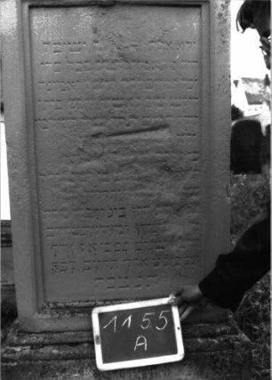 Grabstein 1155 (Index: 100104274) Material: Sandstein Zustand: stark verwittert mit erheblichem Textverlust Maße HxBxT: 194x63x23 cm Beschreibung: Stele auf getrepptem Sockel, überkragender Rundbogenaufsatz, im Bogenfeld aufgeschlagenes Buch, Schofar und Levitenkanne, unterster Sockel felsartig gearbeitet Symbolik: aufgeschlagenes Buch, Schofar, Levitenkanne Besonderheit: kulturhistorisch wertvoll / hist.-wiss. Gründe (Schofarbläser, Schächter u. Fleischbeschauer, Totengräber, Vorbeter ...): Grabstein 1155A