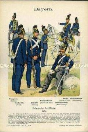 Uniformdarstellung, Trompeter, Bombardier, Kanonier, Unterleutnants, Oberst und Unterfeuerwerker der Artillerie, Königreich Bayern, 1854.