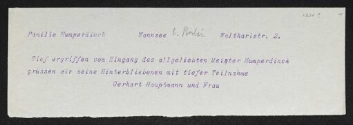 Brief von Gerhart Hauptmann an Edith Humperdinck, Irmgard Humperdinck, Senta Humperdinck und Wolfram Humperdinck
