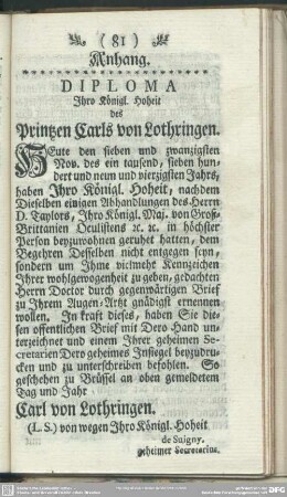 Anhang. Diploma Ihro Königl. Hoheit des Printzen Carls von Lothringen