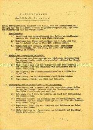 Hektografiertes Wahlprogramm der SED Dresden und Aufruf zur Wahl ihrer Liste bei den Gemeindewahlen 1946