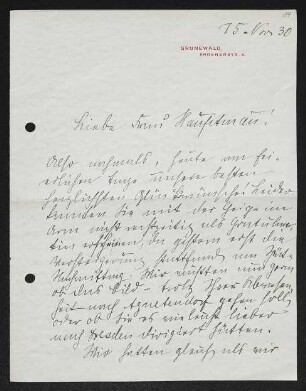 Brief von Hedwig Fischer an Margarete Hauptmann