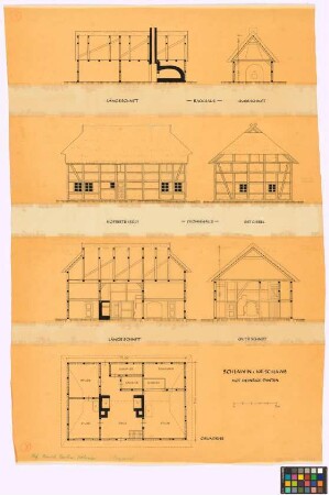 Schlawin (Kreis Schlawe): Hof Heinrich Panten. - Backhaus (Längsschnitt, Querschnitt). - Wohnhaus (Süd-Hof-Seiten-Ansicht, Ost-Giebel-Ansicht, Längsschnitt, Querschnitt, Grundriss)