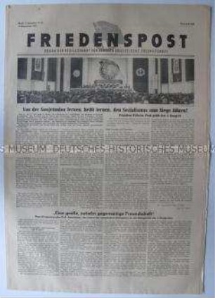 Wochenzeitung der DSF "Friedenspost" u.a. zum IV. Kongress der Organisation und zum Aufbau von Stalinstadt
