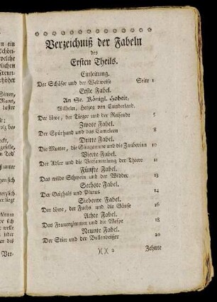Verzeichniß der Fabeln des Ersten Theils.