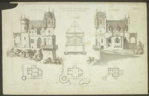 Begerburg im Plauenschen Grunde bei Dresden, von Lehnert. Westliche Ansicht. Querdurchschnitt. Östliche Ansicht. Grundrisse