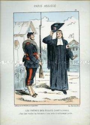 Karikatur, Soldat der National-Garde und christlicher Schulbruder ehren sich gegenseitig, Frankreich 1870. Tafel 25 aus: Paris assiégé. Scènes de la vie parisienne pendant le siège.