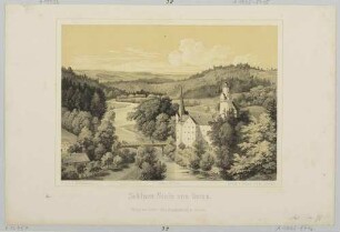 Das Schloss (Burg) Stein (Hartenstein-Stein) südöstlich von Zwickau am Ufer der Zwickauer Mulde, Blick über das Muldental aus östlicher Richtung, aus dem Album der Obererzgebirgischen Staats-Eisenbahn