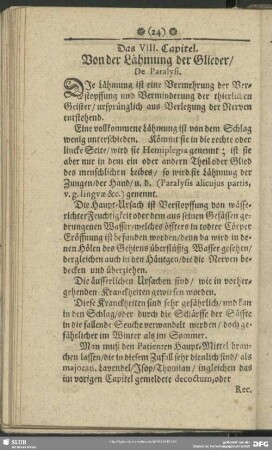 Das VIII. Capitel. Von der Lähmung der Glieder, De Paralysi