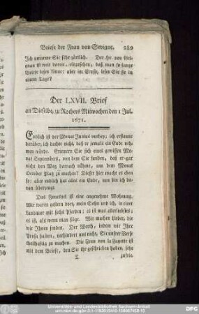 Der LXVII. Brief an Dieselbe, zu Rochers Mitwochen den 1 Jul. 1671.